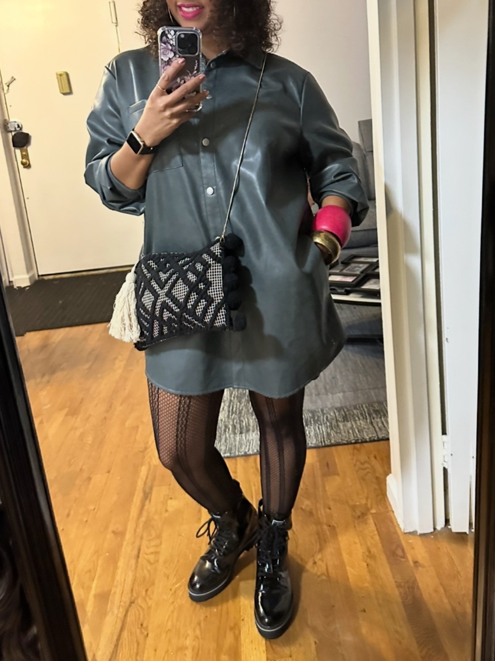 Faux Leather Button-Front Shirt Dress